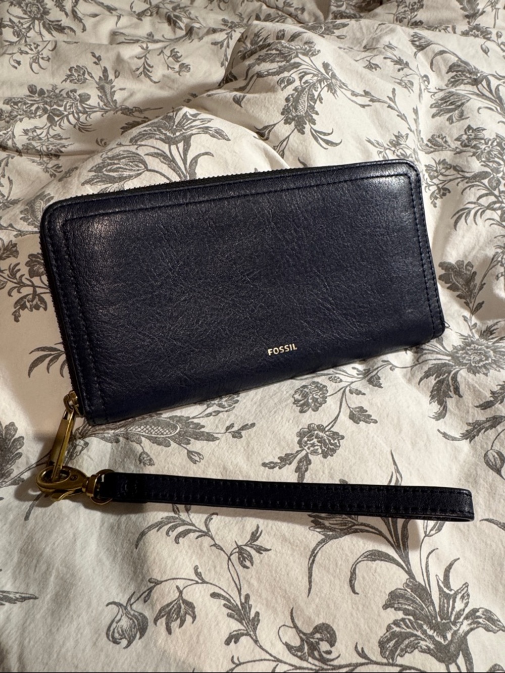 Fossil Navy Leather Zip Wristlet Wallet with Gold Hardware